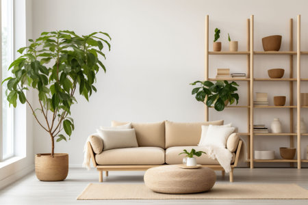 Contemporary Scandinavian, japandi living room featuring a neutral-colored couch, wood tables, and indoor greenery, with shelfs. simplicity could be used for real estate showcases. High quality photoの素材