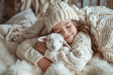 Wrapped in a chunky knit, the girl and her baby lamb share a sweet embrace, symbolizing comfort and a gentle companionship. High quality photoの素材