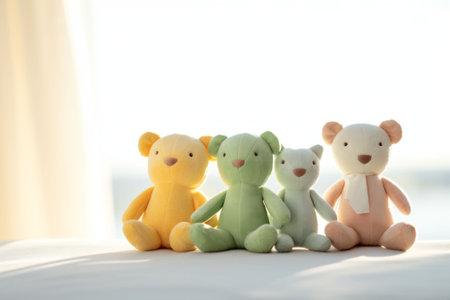 Pastel-colored teddy bears seated against a sunny window create an image of gentle warmth and comforting softness. High quality photoの素材