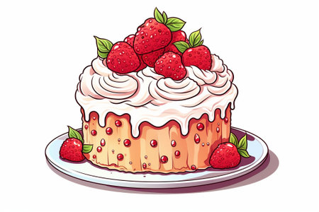 An elegant monochrome drawing of a cake decorated with strawberries, ideal for use in a patisserie brochure or as inspiration for cake designers. High quality illustrationの素材