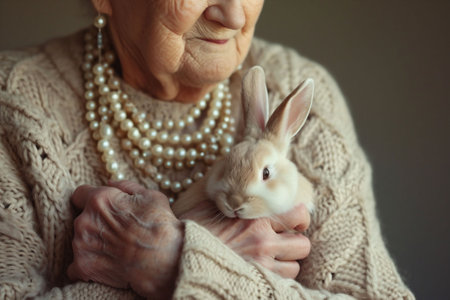 A senior woman in a knit sweater holds a bunny gently, conveying a feeling of nurturing and protection. ideal for content on animal care, elderly companionship, or gentle living. High quality photoの素材