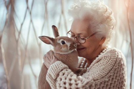 An elderly woman with curly white hair kisses a brown rabbit in her arms, both bathed in a warm, glowing light. love and tender care, for content on compassion and the joy of pets. High quality photoの素材