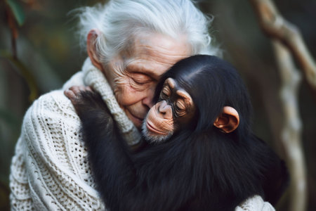 old woman and the chimpanzee share an affectionate embrace, emphasizing the emotional bond between humans and animals. empathy, animal welfare, or the universality of love. High quality photoの素材