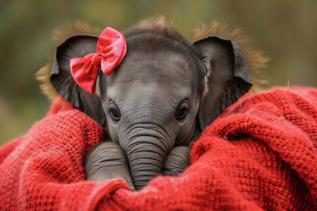 baby elephant with a playful red bow leans on a red blanket, creating an adorable and engaging scene. joy and could be used in campaigns promoting wildlife care or children's books. High quality photoの素材