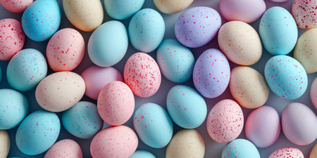 A colorful array of Easter eggs, speckled with a variety of hues, creates a vivid backdrop. Perfect for demonstrating the joy of Easter festivities and egg decoration activities. High quality photoの素材