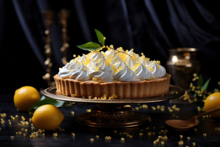 A vintage lemon meringue tart against a dark, elegant setting with golden beads scattered around, ideal for sophisticated culinary arts and healthy homemade dessert concepts. High quality photoの素材