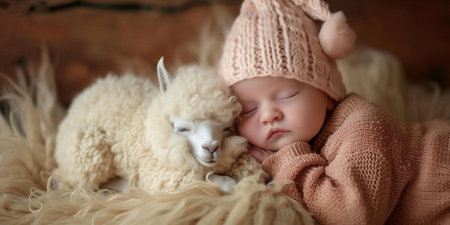 A baby in a peach fuzz knit hat sleeps peacefully beside a white alpaca on a fluffy surface, epitomizing innocence and calmness. pure and gentle bonds between children and animals. High quality photoの素材