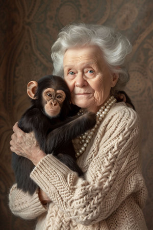 An elderly woman holding a chimpanzee looks directly at the viewer, her expression is one of contentment and love, highlighting the joy of companionship in old age and unusual pets. High quality photoの素材