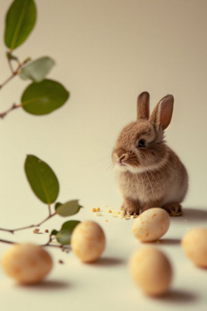 Cute and adorable easter isolated rabbit sitting behind speckled yellow eggs on a beige background with green leaves. celebration theme cards or background for congratulations texts High quality photoの素材