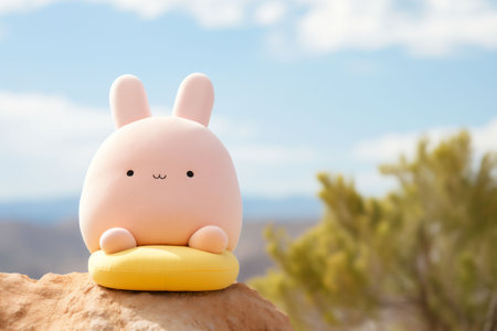 One very cute and adorable pink rabbit plush toy sits on a rock with a blurred nature background including a green plant and blue sky. Can be used for eco friendly and handmade toys High quality photoの素材