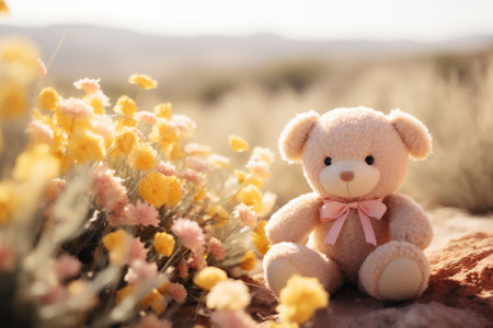 One cute pink teddy bears sits on a rock in a yellow field of summer flowers with a blurred nature background. Can be used for eco friendly and handmade toys. High quality photoの素材