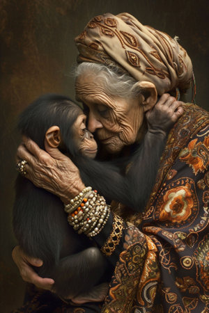 An elderly African American woman in traditional clothing, orange scarf and a turban is holding and hugging a black chimpanzee. for wildlife companionship in old age, conservation. High quality photoの素材