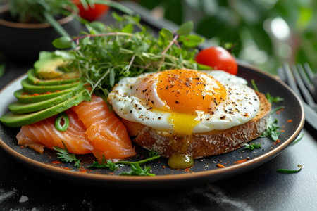 Luxurious smoked salmon and ripe avocado slices under a soft cooked egg with a runny yolk, a healthy gourmet's breakfast delight. High quality photoの素材