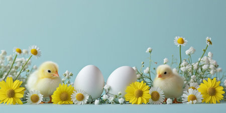 A banner of Two yellow chicks beside white eggs on a daisy-dotted blue surface a serene image symbolizing new beginnings, for springtime or celebration text, copy space cards. High quality photoの素材