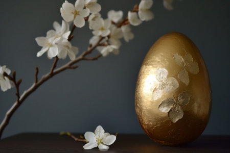A golden Easter egg adorned with delicate flower patterns rests by a blooming branch, against a dark background, exuding luxury. This image is perfect for sophisticated holiday themes, elegant decorsの素材