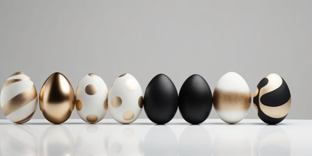A series of Easter eggs in an elegant black, gold, and white palette on a reflective surface, showing modern sophistication. High quality photoの素材