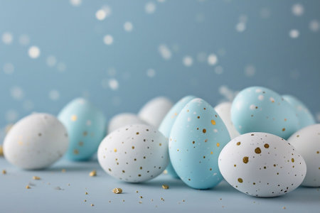 Easter eggs in soft blue and white with gold speckles rest on a blue background. The cheerful, celebratory mood fits a springtime Easter theme or holiday decor. High quality photoの素材