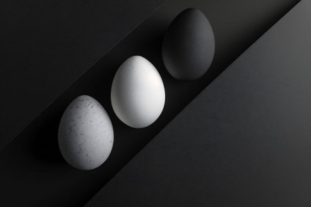 Three eggs in a monochrome palette with a speckled egg in focus are set against a dark background. The somber mood evokes a luxury. High quality photoの素材