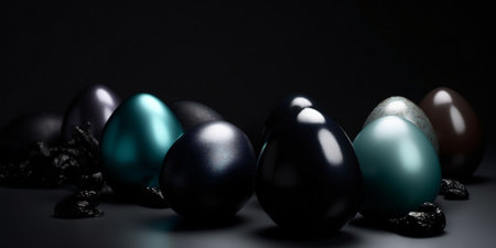 A collection of Easter eggs with varying matte finishes and one with intricate patterns rests on a dark background. High quality photoの素材