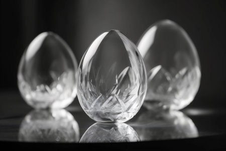 Three cut crystal, glass or diamond Easter eggs are displayed on gradient black background, creating a luxurious and refined atmosphere, suitable for high end decor representation. High quality photoの素材