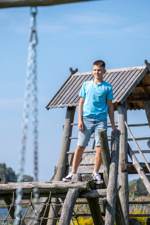 A young adventurer boy in a blue shirt from a high wooden perch, playground, epitomizing youthful health and the spirit of exploration. active lifestyle and insurance concepts. High quality photoの写真素材