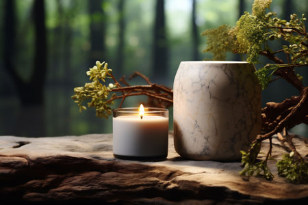 Gentle light flickers from a minimalist stone candle on a wood plank, green tree branch, next to a stone, on a soft-focus gray background, eco-friendly, natural, craftsmanship. High quality photoの素材
