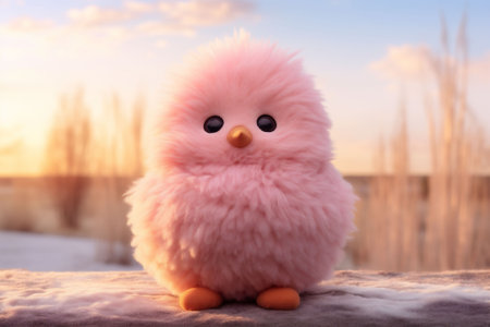 A fluffy pink toy bird against a soft sunset, symbolizing eco-friendly and handmade toys. themes of comfort, nurturing, and the simple joys of childhood. High quality photoの素材