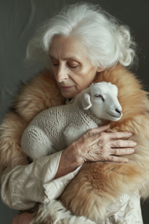 Silver-haired woman, cream attire, cuddles lamb, neutral tone. A serene image capturing a moment of peace and maternal instinct, ideal for heartwarming narratives. High quality photoの素材