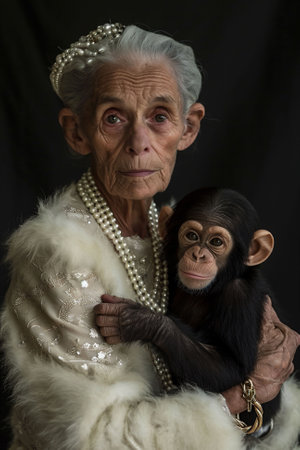 Regal woman with tiara, embracing young black chimpanzee, isolated backdrop. A striking visual narrative of cross-species care and royal-like dignity, companionship in old age. High quality photoの素材