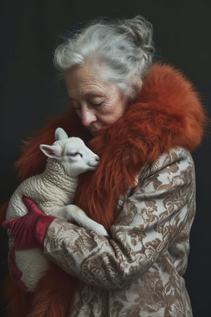 Mature woman, red fur collar, embraces white lamb, dark background. Intimate moment of human-animal connection, tenderness and care in elder years, companionship in old age. High quality photoの素材