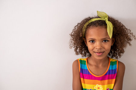 Young black girl with curly hair, wearing a rainbow-stripped tank top and green headband, isolated...