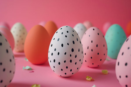 Brightly speckled egg among pastel Easter eggs on a vibrant pink background with scattered petals. High quality photoの素材