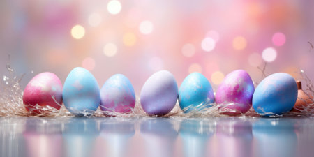 Pastel Easter eggs adorned with glitter, amidst a confetti shower, suggesting joy. Suited for vibrant, playful holiday visuals. High quality photoの素材