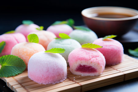 Fresh mochi with mint leaves on a bamboo mat, a cup of tea in the backdrop, symbolizes Japanese confectionery and teatime tradition. High quality photoの素材