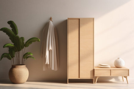sunlit space showcasing a fusion of Scandinavian and Japanese design elements, wooden wardrobe and bench, an eco-friendly potted banana plant, sustainability and natural materials. High quality photoの素材