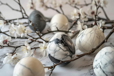 Marbled eggs rest among cherry blossoms, the monochrome palette conveying sophistication. High quality photoの素材