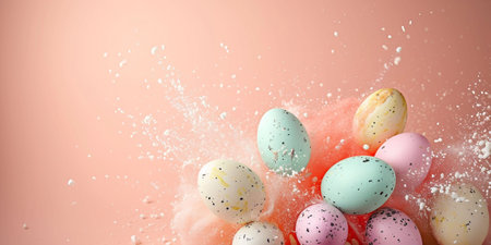 Pastel colored Easter eggs amongst a dynamic splash on a peach background, suggesting a festive explosion. Ideal for lively, celebratory springtime marketing. High quality photoの素材