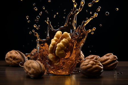Walnuts plunge into a liquid abyss, causing a splash, ideal for food advertisements and editorial use. High quality photoの素材