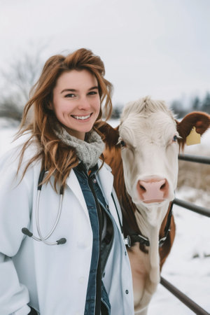 Gentle companionship Young vet with stethoscope and friendly cow against a farm backdrop. Its a picture of tenderness and animal care. High quality photoの素材