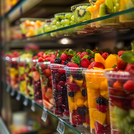 Layered fruit cups on a store shelf the image is a feast of colors with a focus on strawberries and kiwi. Ideal for highlighting healthy choices. High quality photoの素材