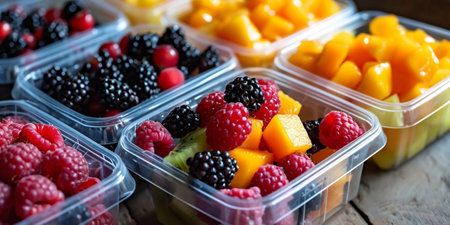 Assorted fresh fruits in containers, vibrant colors, concept of healthy eating. High quality photoの素材