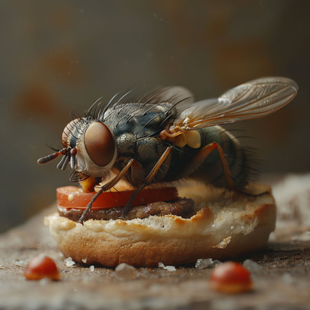 A disturbing image of a fly eating a left over burger, themes of bacteria and unsterile food that has been left out, no hygiene. High quality photoの素材