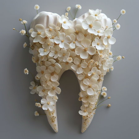 A beautiful tooth made from white blossom flowers, themes of botanical floral art and dental, oral hygiene. High quality photoの素材