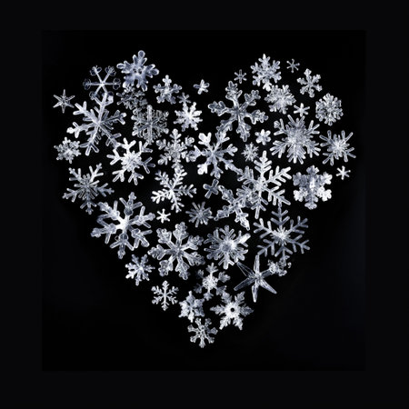 snowy ice snowflakes making a heart in white and blue tones, themes of isolated winter artwork, valentines day on a cold February. High quality photoの素材