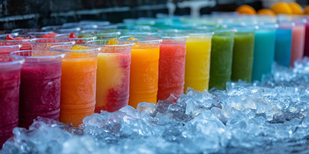 A row of colorful smoothies in clear plastic cups on ice, showing red, orange, green, and blue colors. Ideal for promoting healthy beverages, drinks for hot summer day. High quality photoの素材