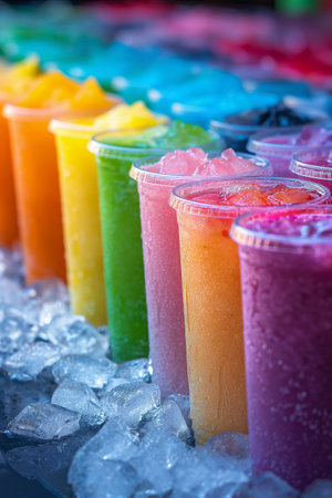 Bright and clod fruit smoothies in plastic cups, aligned in a row on ice, with colors ranging from yellow to deep red. Chilled beverages evoke the sense of summer freshness, for marketing campaigns.の素材