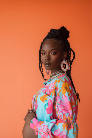 A pregnant Black woman in a colorful floral blouse and large earrings on orange background. Modern maternity fashion and vibrant style, perfect for content related to pregnancy, fashion, and wellnessの素材
