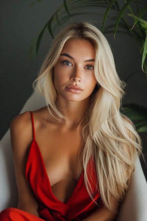 A beautiful and stunning woman in a bright red dress, sitting in a room, themes of beauty and charming feminine aesthetics. High quality photoの素材