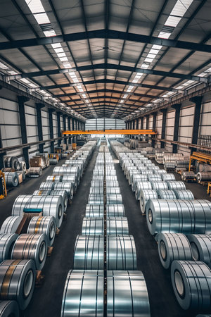 Industrial warehouse filled with rows of stainless steel coils, artificial lighting that creates a symmetrical, visually striking perspective. Related to industrial storage and materials handlingの素材