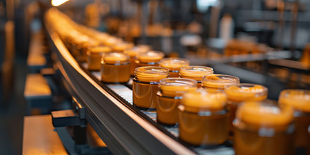 Rows of golden capped jars moving along a conveyor belt in a production facility, packaging process in a food or cosmetic manufacturing setting. large scale production. Copy space. High quality photoの素材
